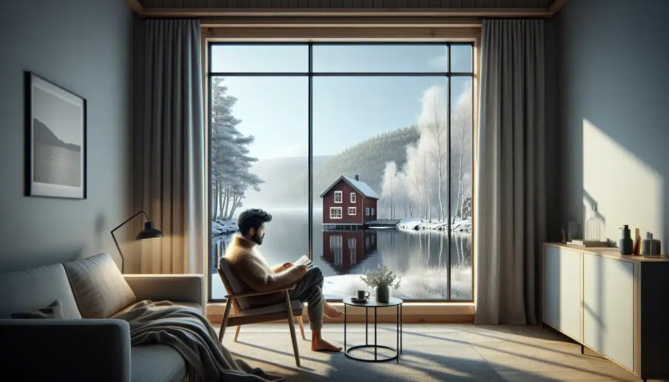 Triple glazed low e window in norway with cozy interior and snowy landscape