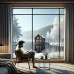 Triple glazed low e window in norway with cozy interior and snowy landscape